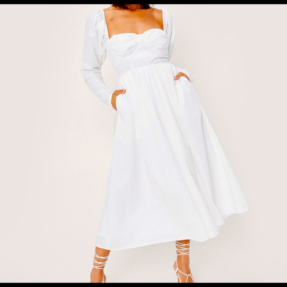 Ruched Bust Tie Back Midi Dress in White